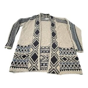 Lucky‎ Brand Women’s Medium Aztec Western Knit Open Cardigan Sweater Beige Navy